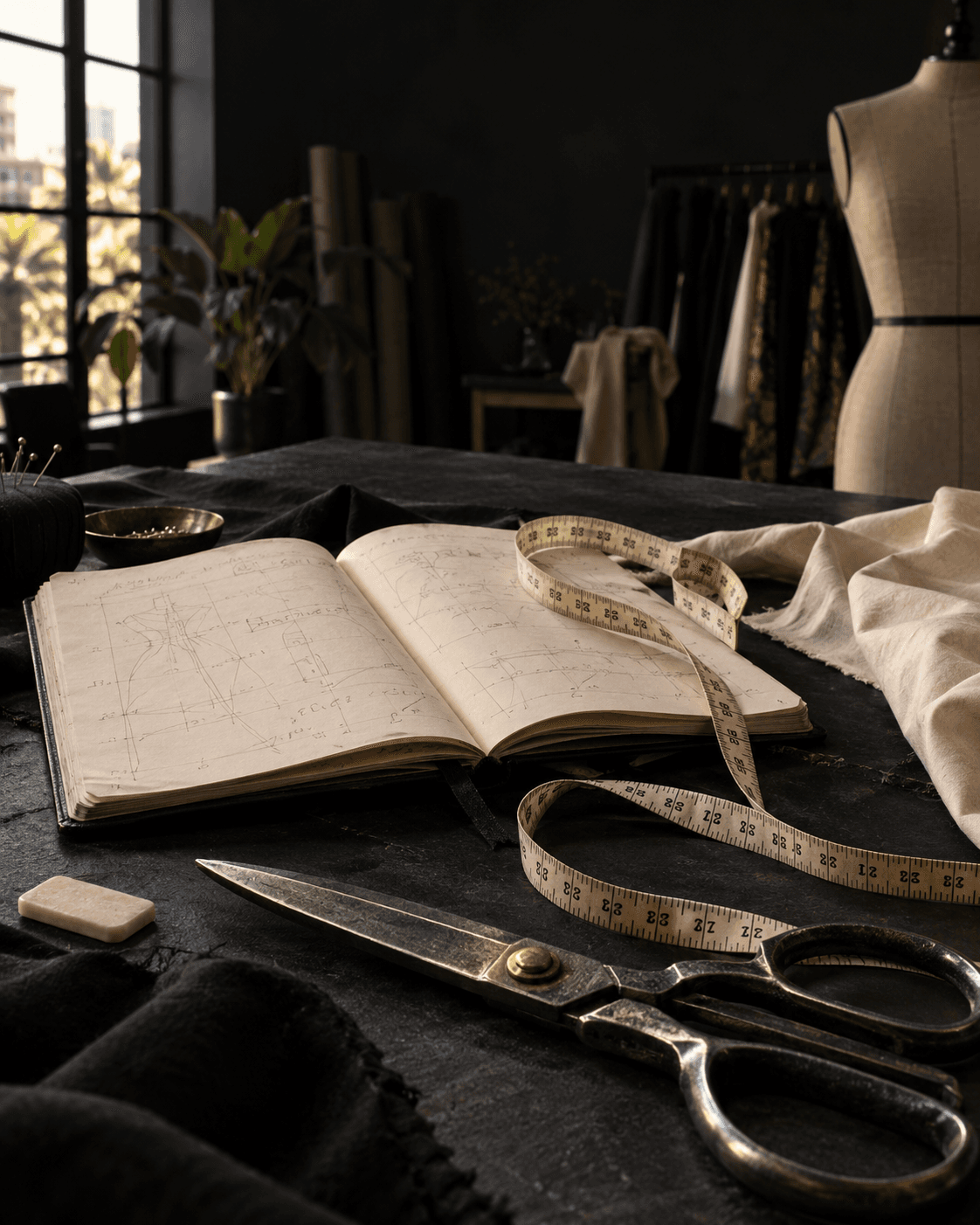 An illustrated tailoring studio with measuring tape, fabric and a sketchbook